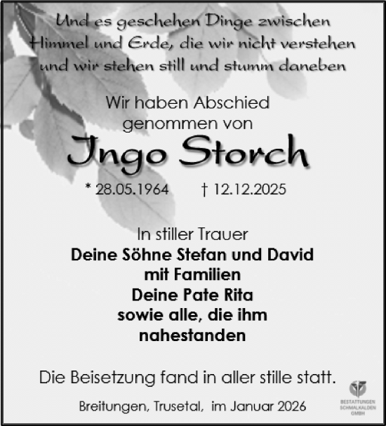 Traueranzeige von Ingo Storch von Südthüringer Presse