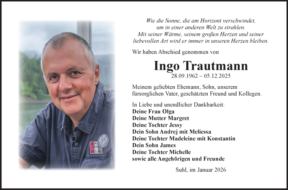  Traueranzeige für Ingo Trautmann vom 17.01.2026 aus Südthüringer Presse