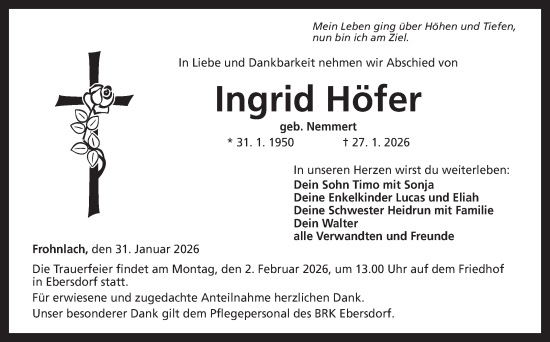 Traueranzeige von Ingrid Höfer von Neue Presse Coburg