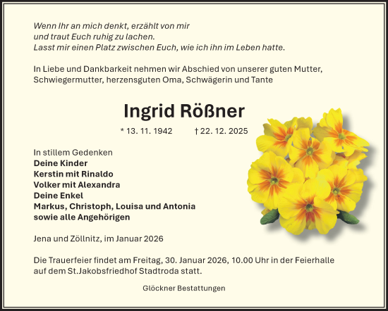 Traueranzeige von Ingrid Rößner von Südthüringer Presse