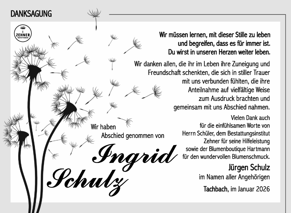  Traueranzeige für Ingrid Schulz vom 31.01.2026 aus Südthüringer Presse