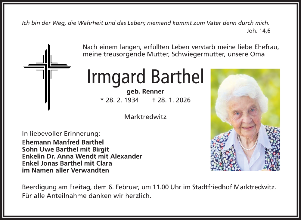  Traueranzeige für Irmgard Barthel vom 31.01.2026 aus Frankenpost