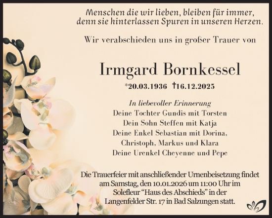 Traueranzeige von Irmgard Bornkessel von Südthüringer Presse