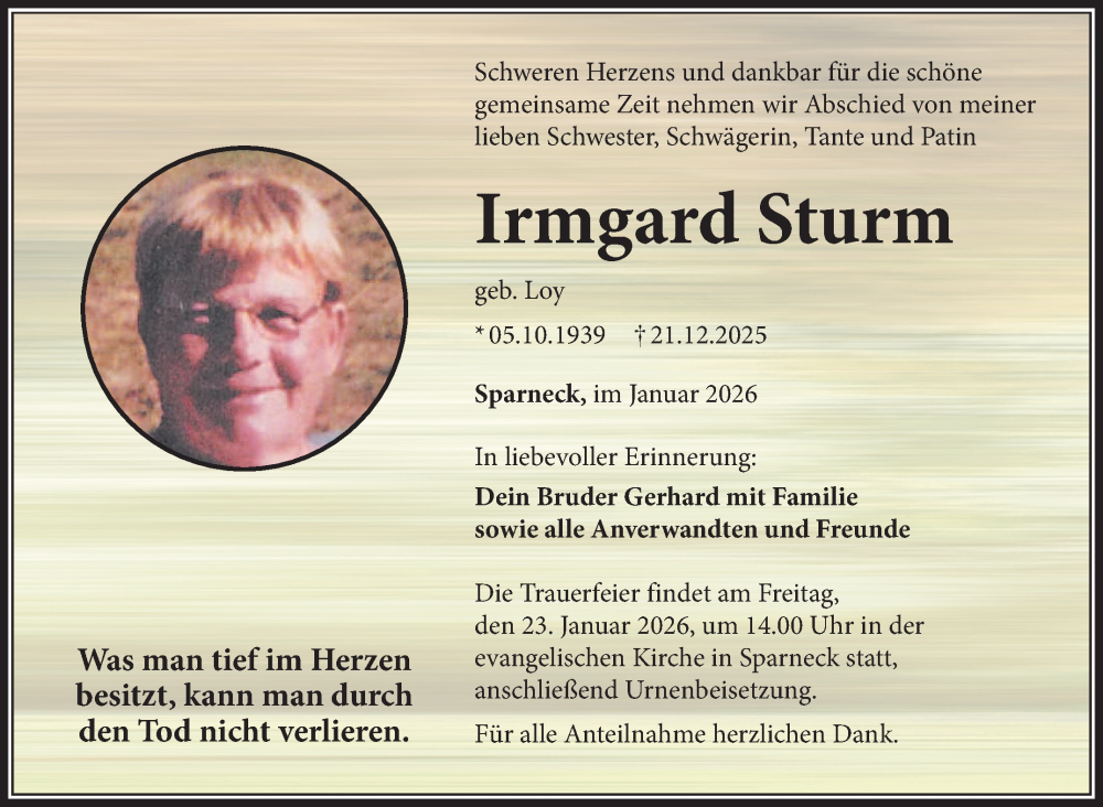  Traueranzeige für Irmgard Sturm vom 17.01.2026 aus Frankenpost