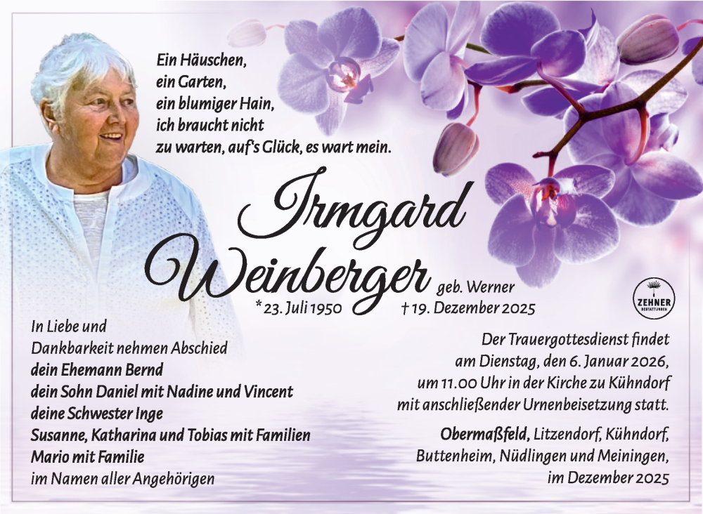  Traueranzeige für Irmgard Weinberger vom 03.01.2026 aus Südthüringer Presse