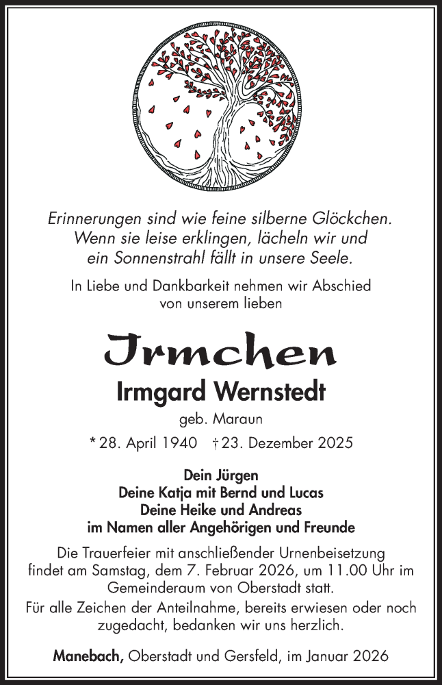  Traueranzeige für Irmgard Wernstedt vom 24.01.2026 aus Südthüringer Presse