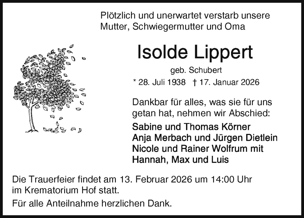  Traueranzeige für Isolde Lippert vom 31.01.2026 aus Frankenpost