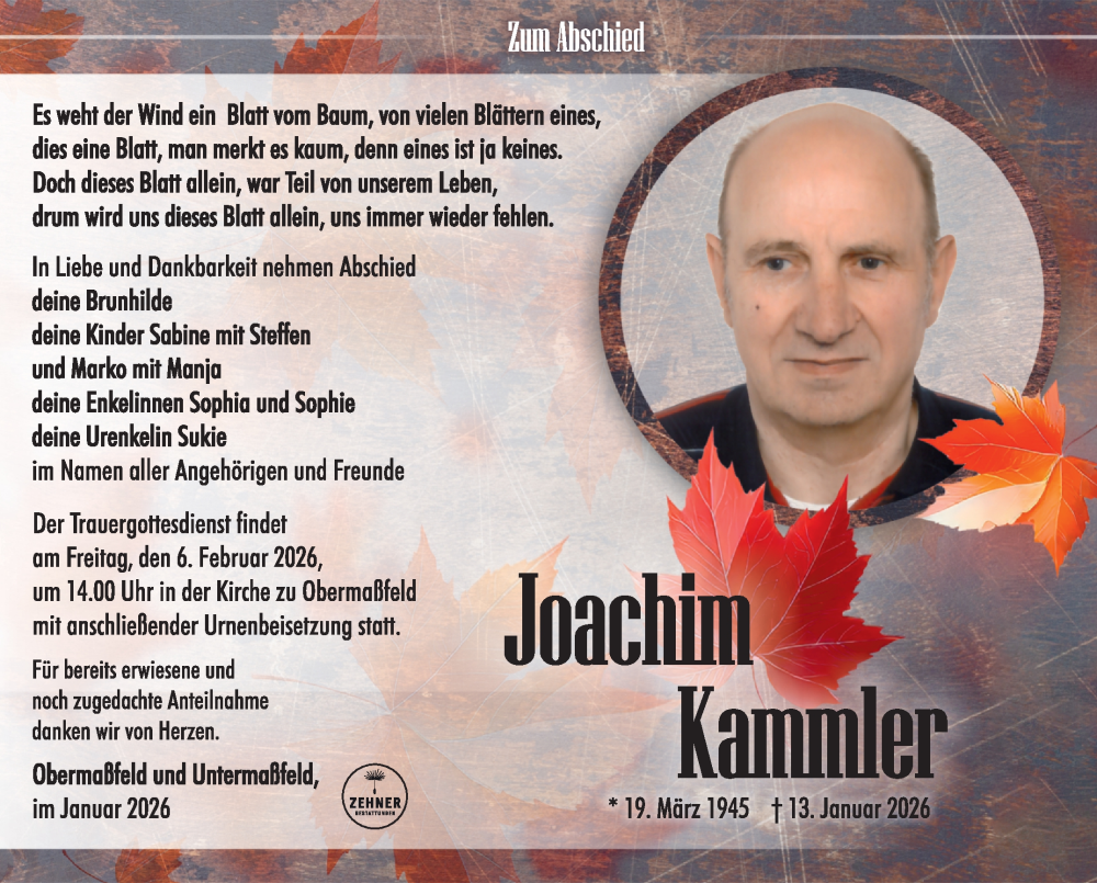  Traueranzeige für Joachim Kammler vom 24.01.2026 aus Südthüringer Presse
