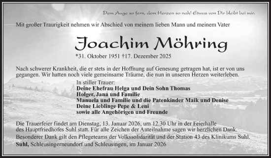 Traueranzeige von Joachim Möhring von Südthüringer Presse