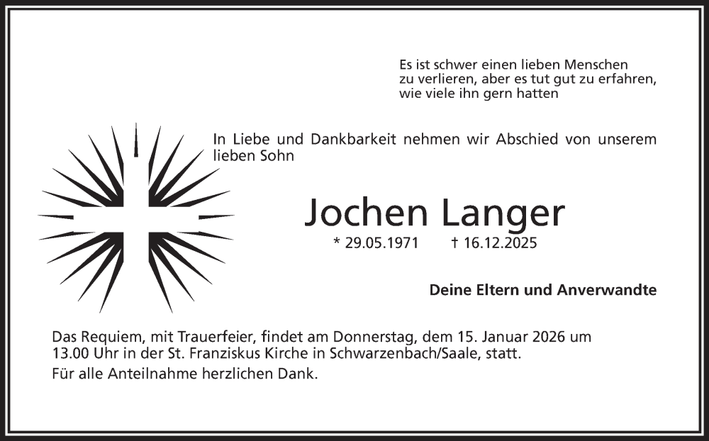  Traueranzeige für Jochen Langer vom 10.01.2026 aus Frankenpost