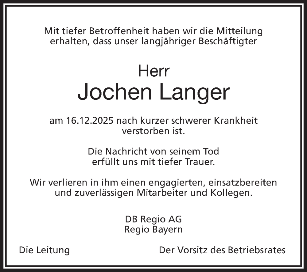  Traueranzeige für Jochen Langer vom 10.01.2026 aus Frankenpost