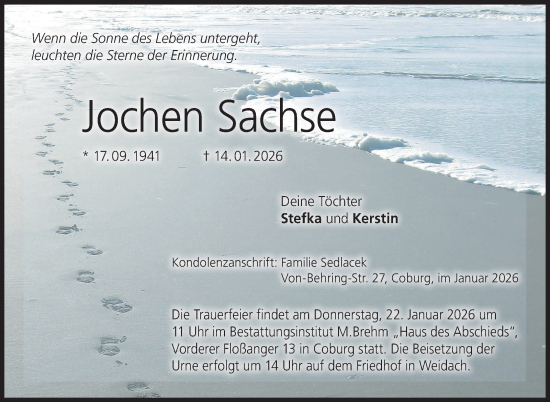 Traueranzeige von Jochen Sachse von Neue Presse Coburg