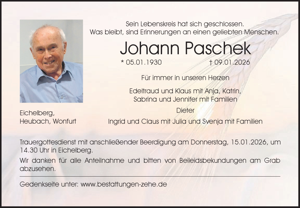  Traueranzeige für Johann Paschek vom 13.01.2026 aus Neue Presse Coburg