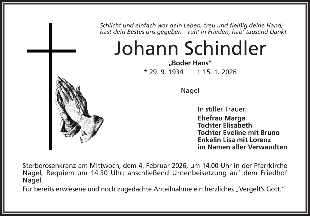  Traueranzeige für Johann Schindler vom 31.01.2026 aus Frankenpost