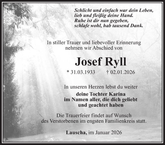 Traueranzeige von Josef Ryll von Südthüringer Presse