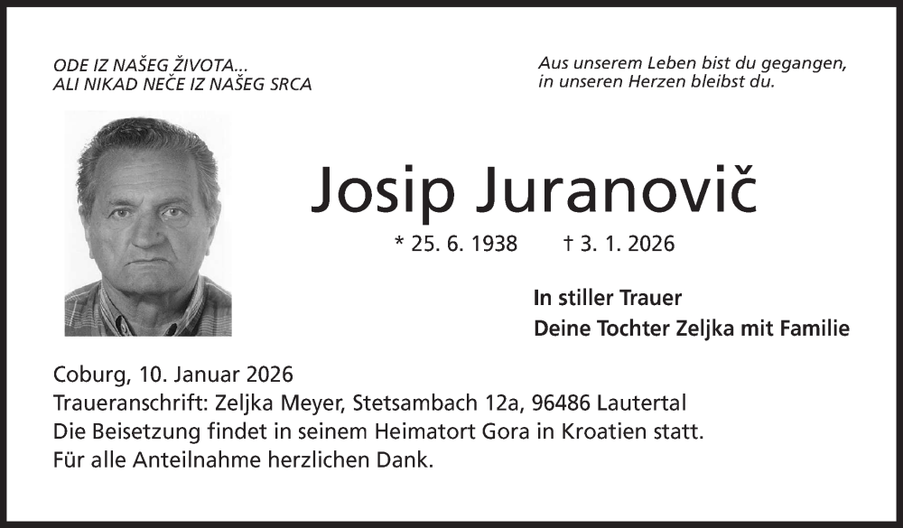  Traueranzeige für Josip Juranovic vom 10.01.2026 aus Neue Presse Coburg
