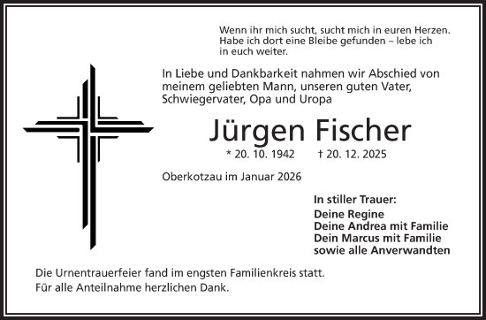 Traueranzeige von Jürgen Fischer von Frankenpost