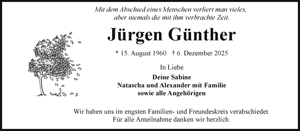  Traueranzeige für Jürgen Günther vom 03.01.2026 aus Frankenpost