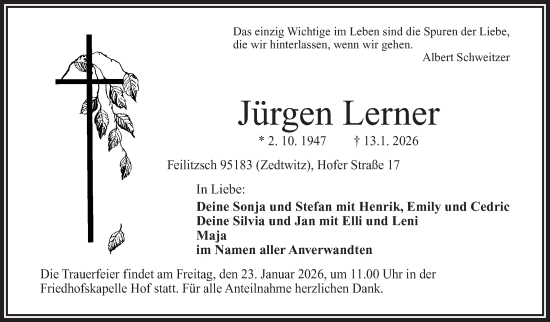 Traueranzeige von Jürgen Lerner von Frankenpost