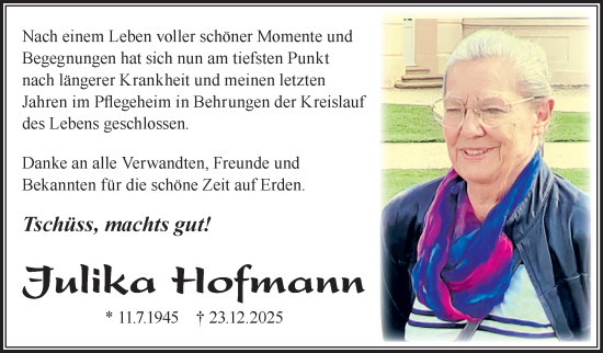 Traueranzeige von Julika Hofmann von Südthüringer Presse