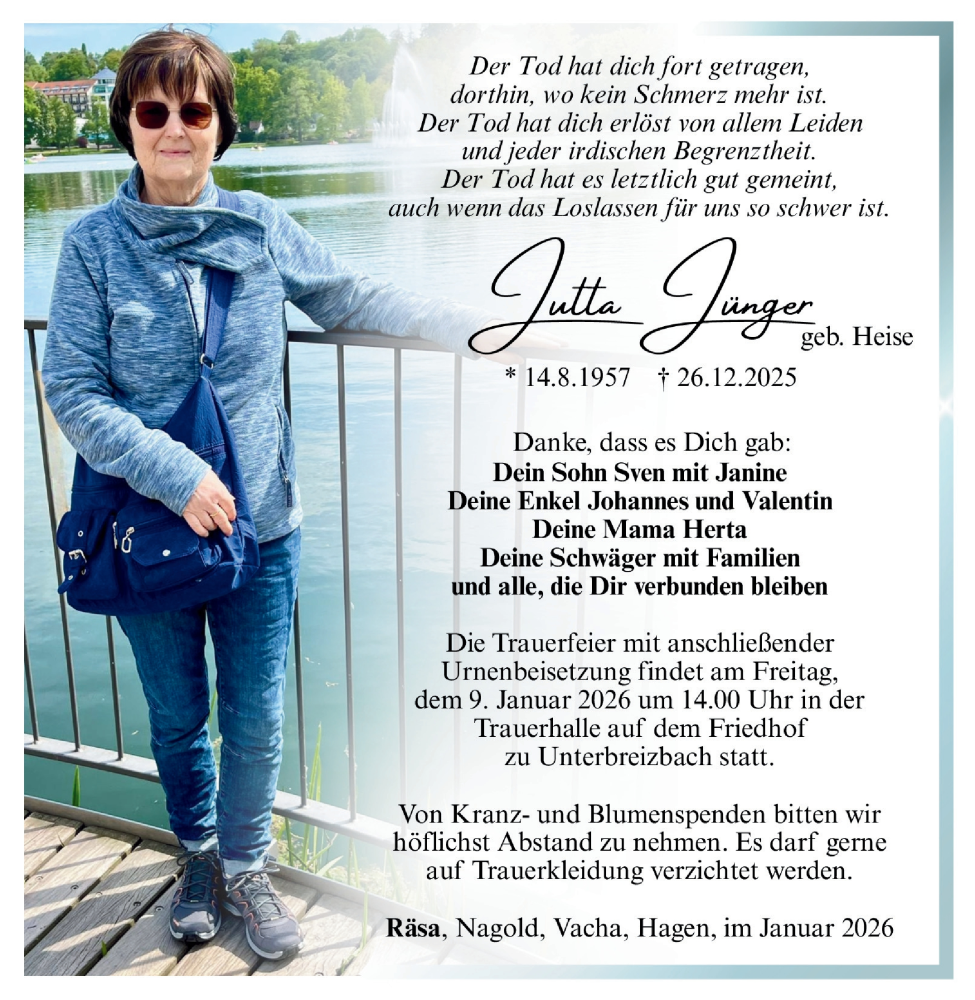  Traueranzeige für Jutta Jünger vom 03.01.2026 aus Südthüringer Presse
