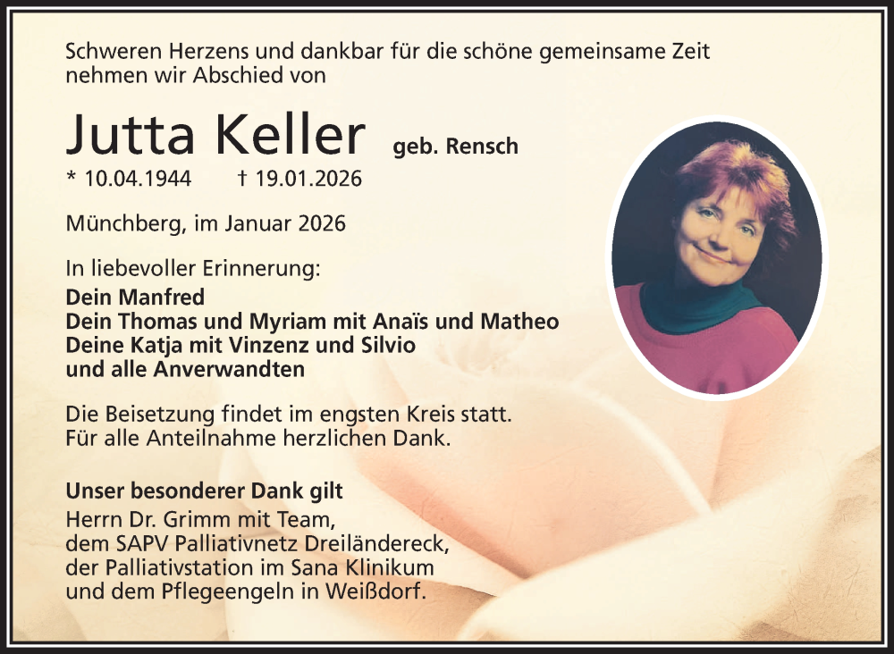  Traueranzeige für Jutta Keller vom 24.01.2026 aus Frankenpost