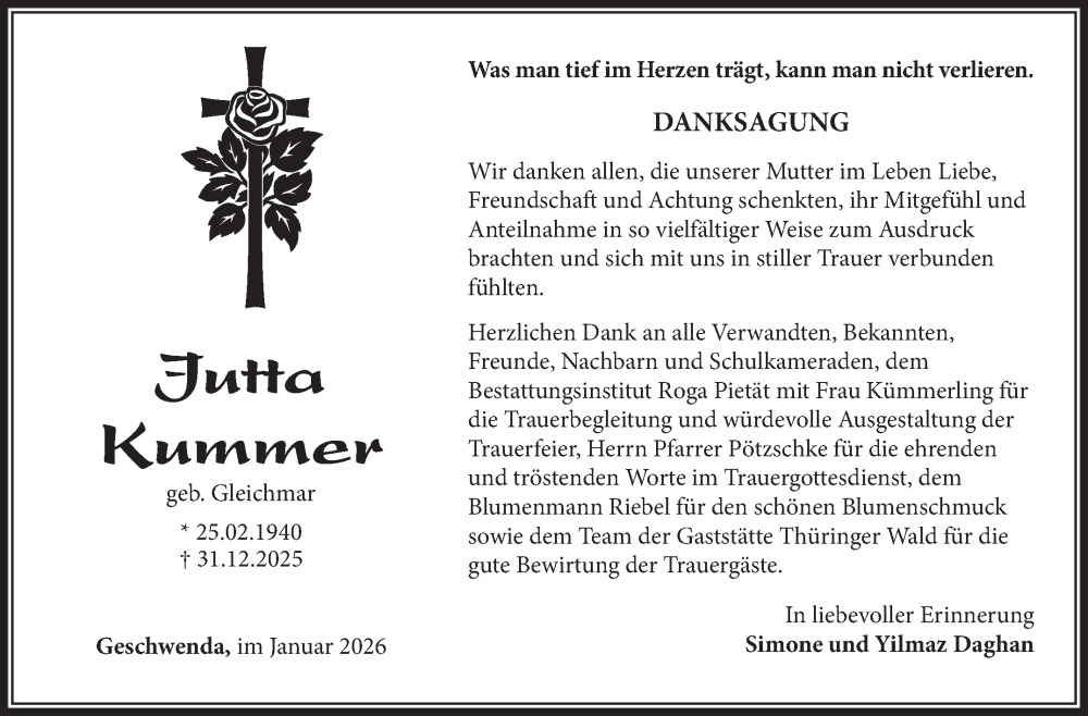  Traueranzeige für Jutta Kummer vom 24.01.2026 aus Südthüringer Presse