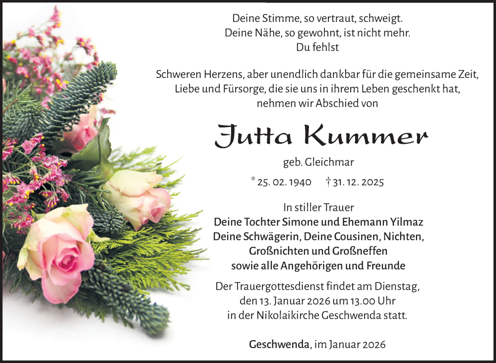  Traueranzeige für Jutta Kummer vom 10.01.2026 aus Südthüringer Presse