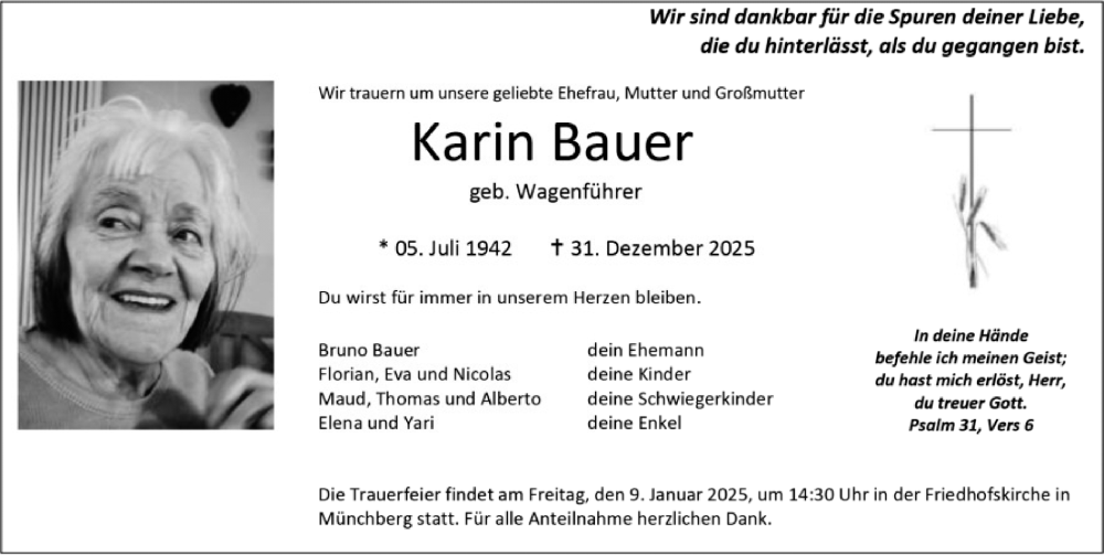  Traueranzeige für Karin Bauer vom 07.01.2026 aus Frankenpost