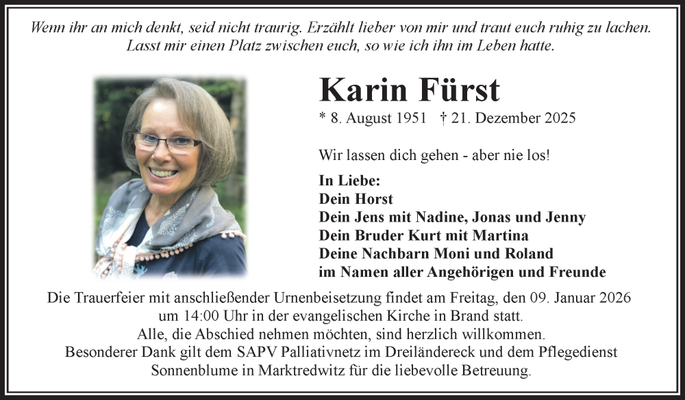  Traueranzeige für Karin Fürst vom 03.01.2026 aus Frankenpost