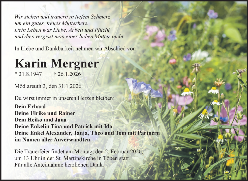  Traueranzeige für Karin Mergner vom 31.01.2026 aus Frankenpost