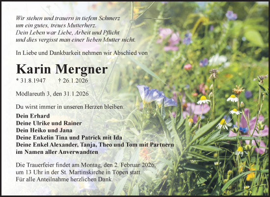 Traueranzeige von Karin Mergner von Frankenpost