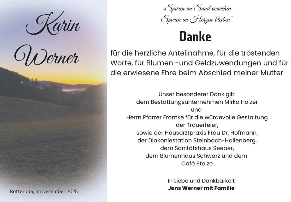  Traueranzeige für Karin Werner vom 03.01.2026 aus Südthüringer Presse