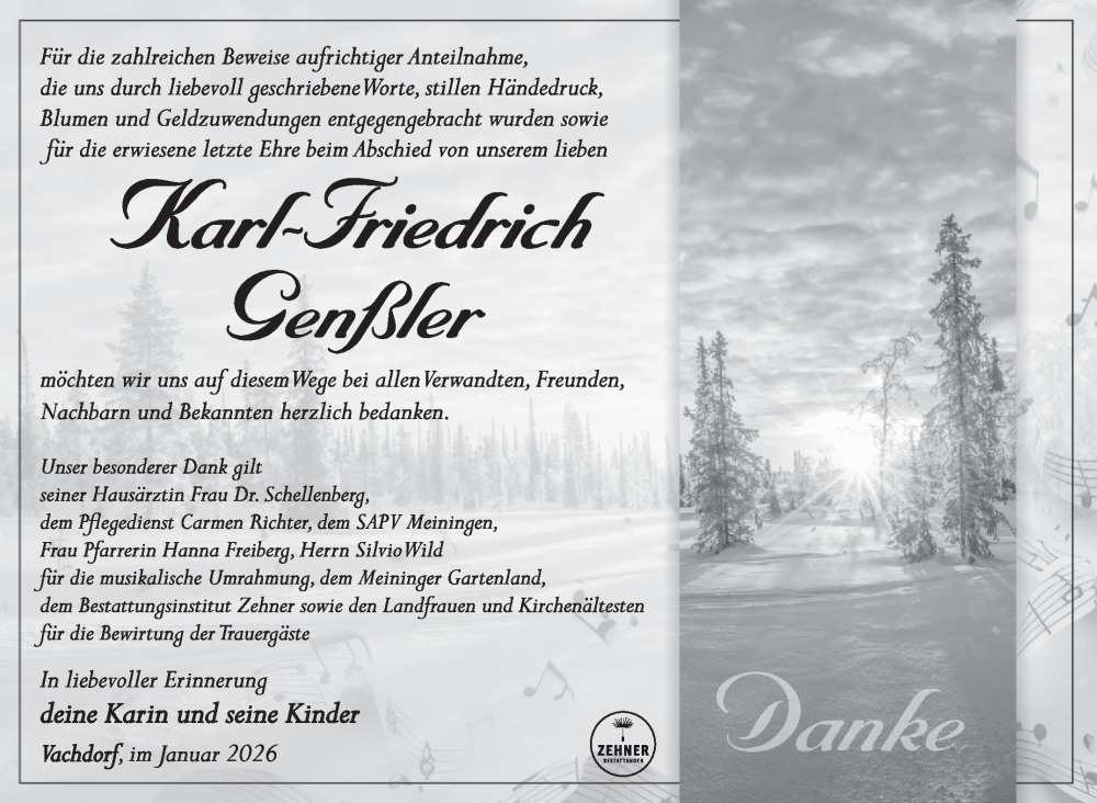  Traueranzeige für Karl-Friedrich Genßler vom 10.01.2026 aus Südthüringer Presse