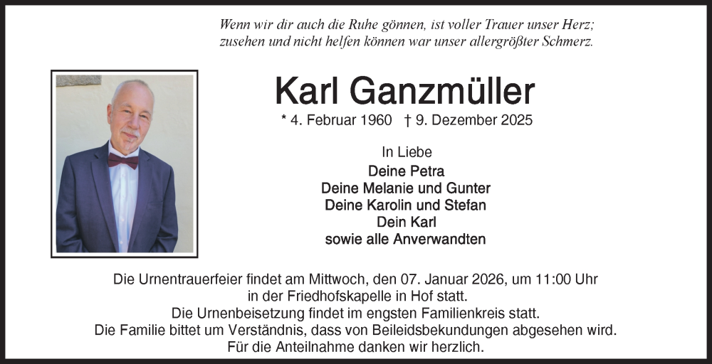 Traueranzeige für Karl Ganzmüller vom 03.01.2026 aus Frankenpost