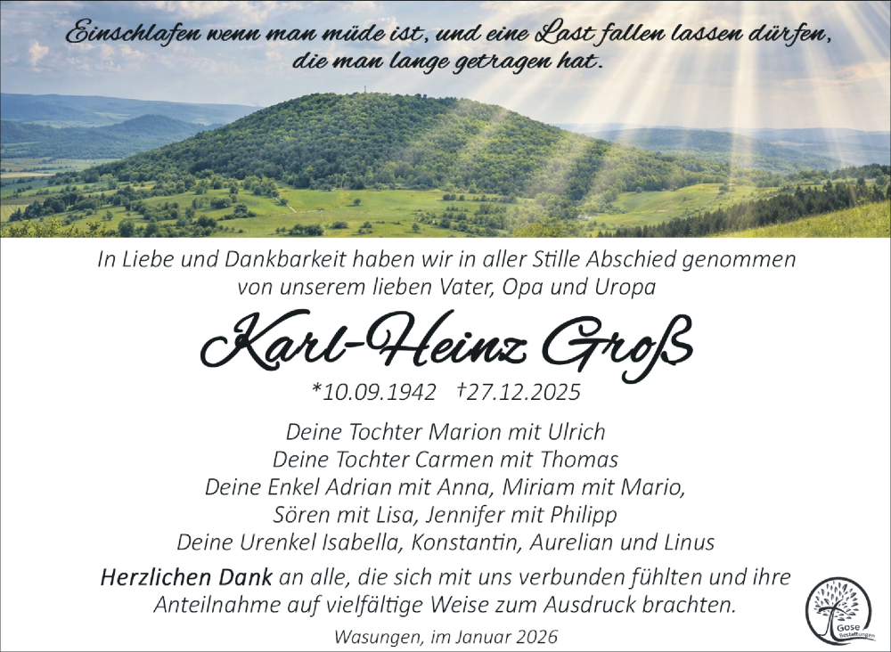  Traueranzeige für Karl-Heinz Groß vom 27.01.2026 aus Südthüringer Presse