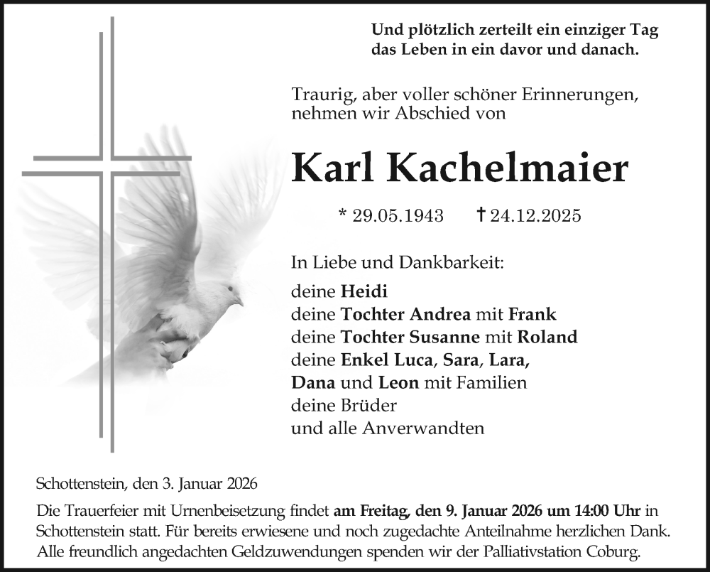  Traueranzeige für Karl Kachelmaier vom 03.01.2026 aus Neue Presse Coburg