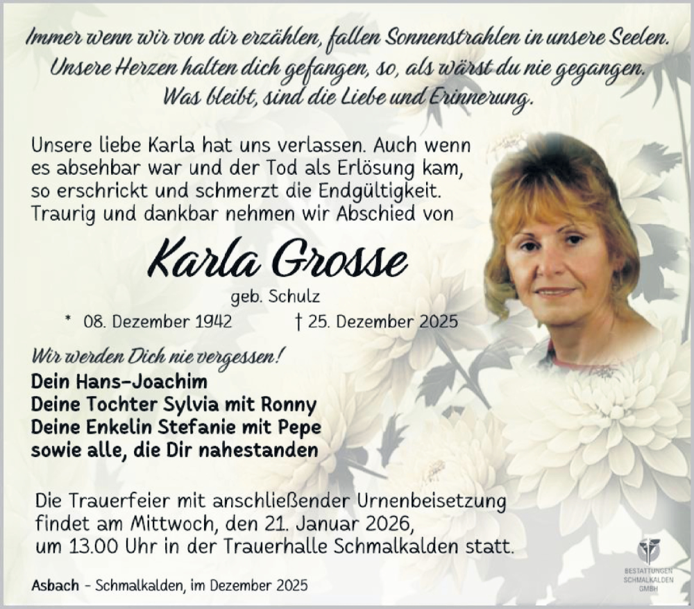  Traueranzeige für Karla Grosse vom 17.01.2026 aus Südthüringer Presse