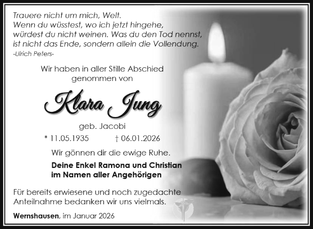  Traueranzeige für Klara Jung vom 24.01.2026 aus Südthüringer Presse