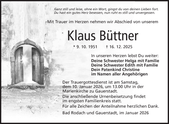 Traueranzeige von Klaus Büttner von Neue Presse Coburg