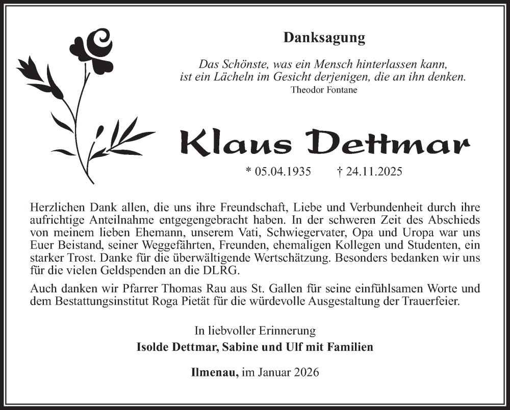  Traueranzeige für Klaus Dettmar vom 17.01.2026 aus Südthüringer Presse