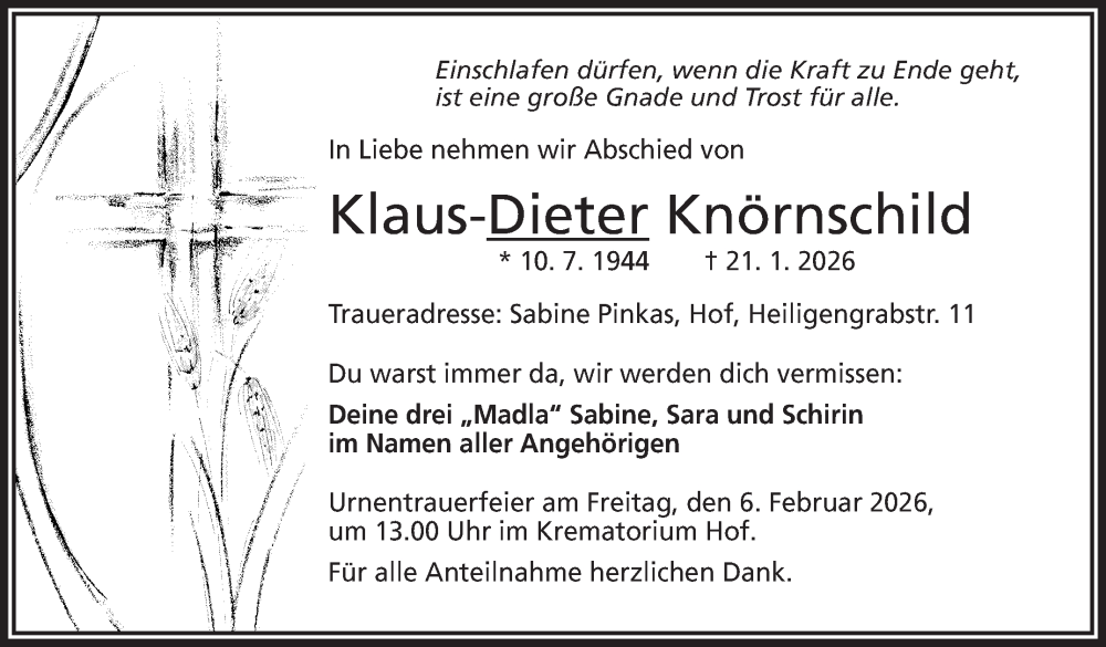  Traueranzeige für Klaus-Dieter Knörnschild vom 31.01.2026 aus Frankenpost