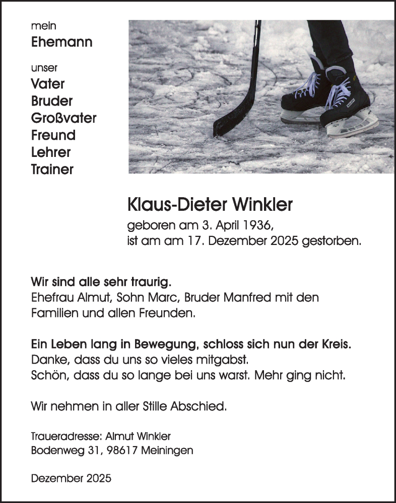  Traueranzeige für Klaus-Dieter Winkler vom 17.01.2026 aus Südthüringer Presse