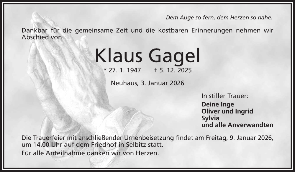  Traueranzeige für Klaus Gagel vom 03.01.2026 aus Frankenpost