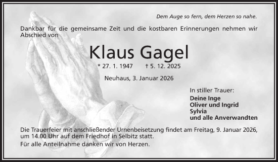 Traueranzeige von Klaus Gagel von Frankenpost
