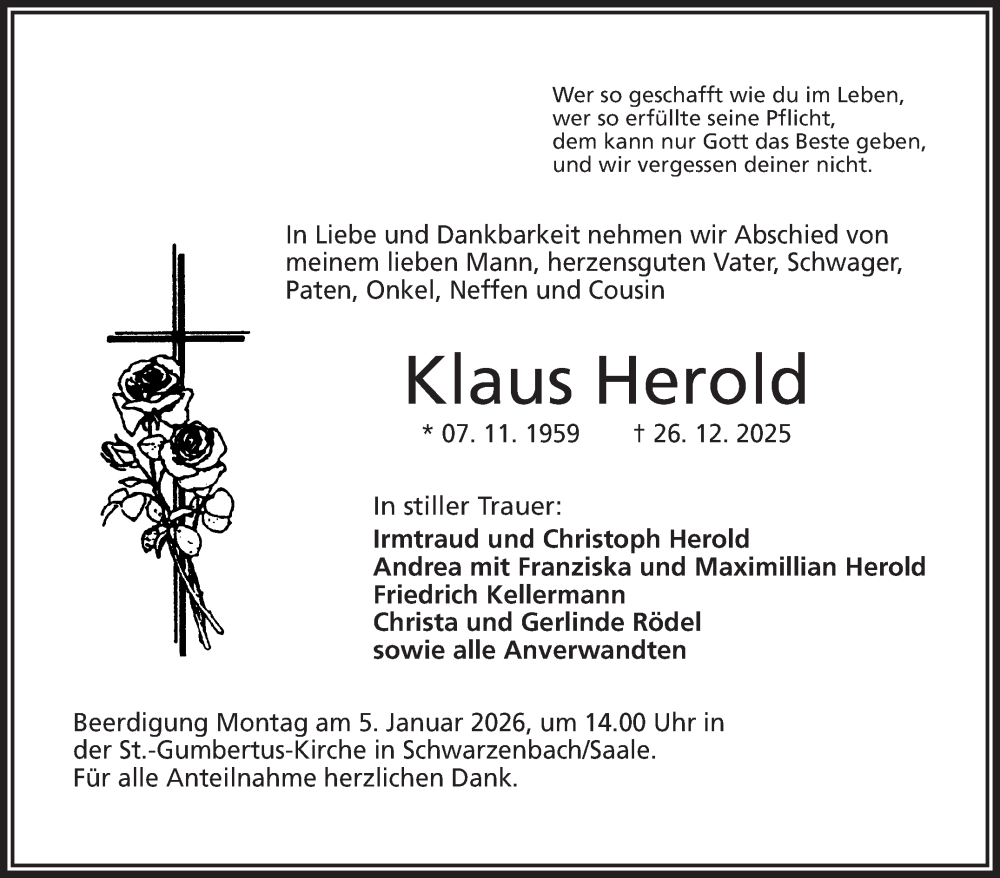  Traueranzeige für Klaus Herold vom 03.01.2026 aus Frankenpost