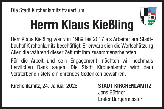 Traueranzeige von Klaus Kießling von Frankenpost