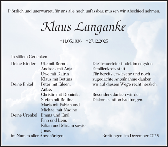 Traueranzeige von Klaus Langanke von Südthüringer Presse