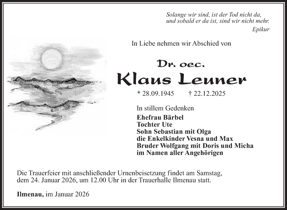  Traueranzeige für Klaus Leuner vom 10.01.2026 aus Südthüringer Presse