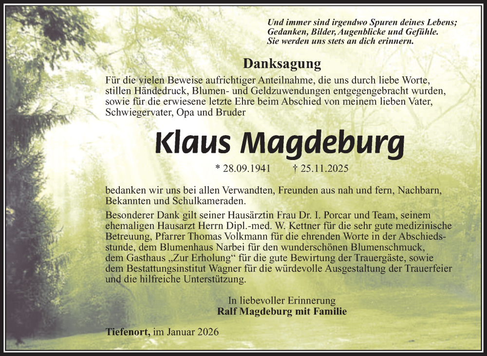  Traueranzeige für Klaus Magdeburg vom 10.01.2026 aus Südthüringer Presse